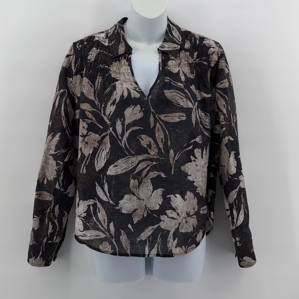 Tommy Bahama Linen Blend Blouse Women Small Black Floral Bloom Beauty Popover